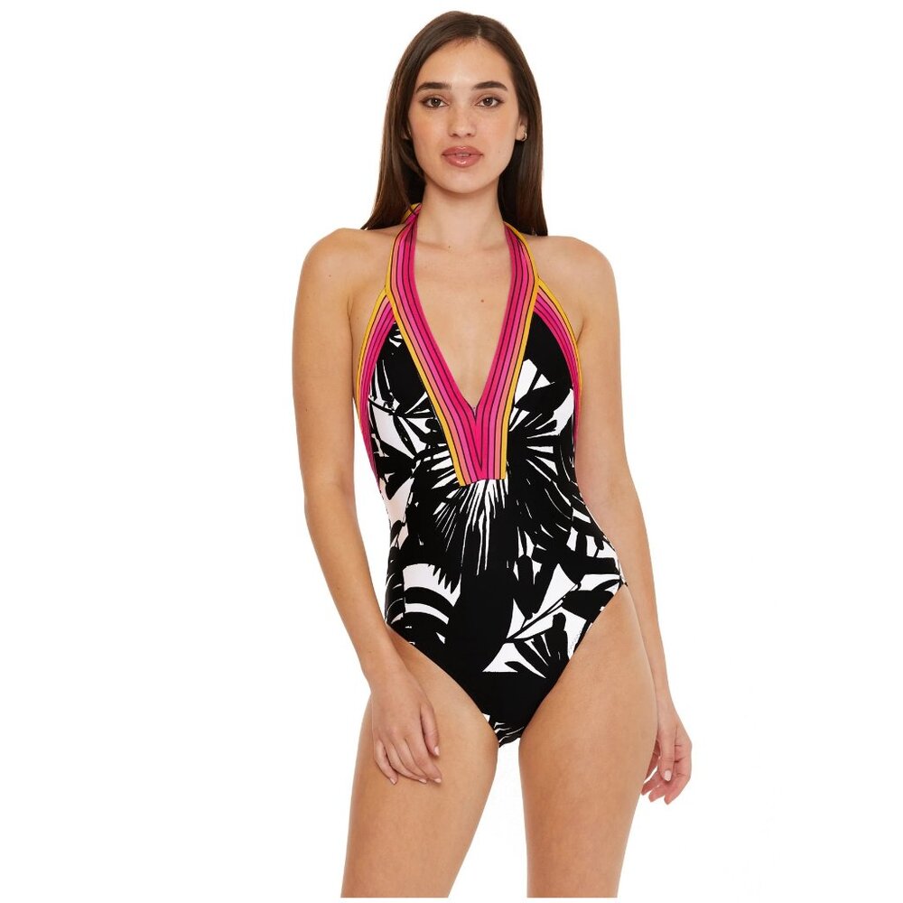 TRINA TURK Lennox Halter One Piece Swimsuit 6 NWT Black White Floral Bathing